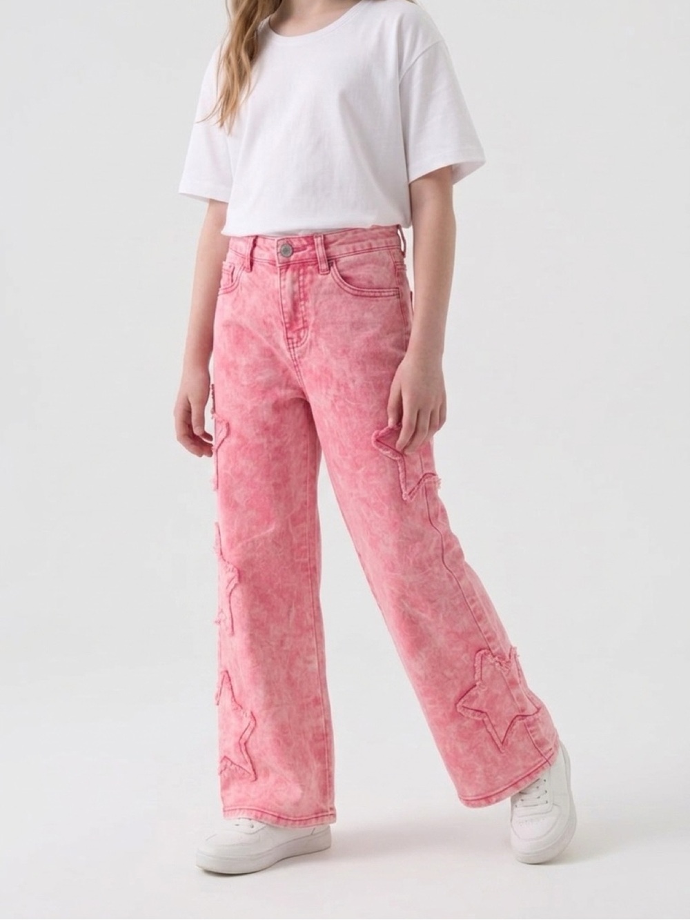 Girls' Pink Star-Appliqué Wide Leg Jeans
